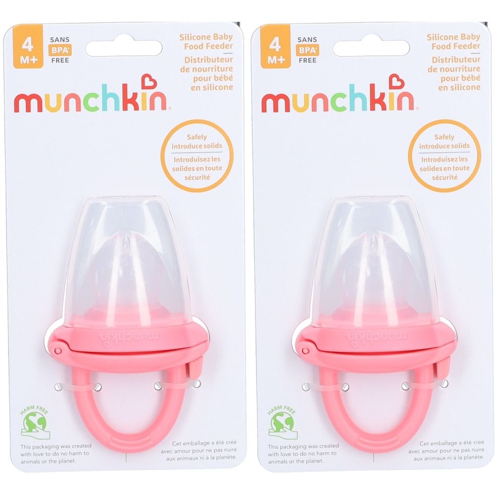 Twee roze siliconen babyvoeders in verpakking. Merk: munchkin. 4M+. BPA-vrij.