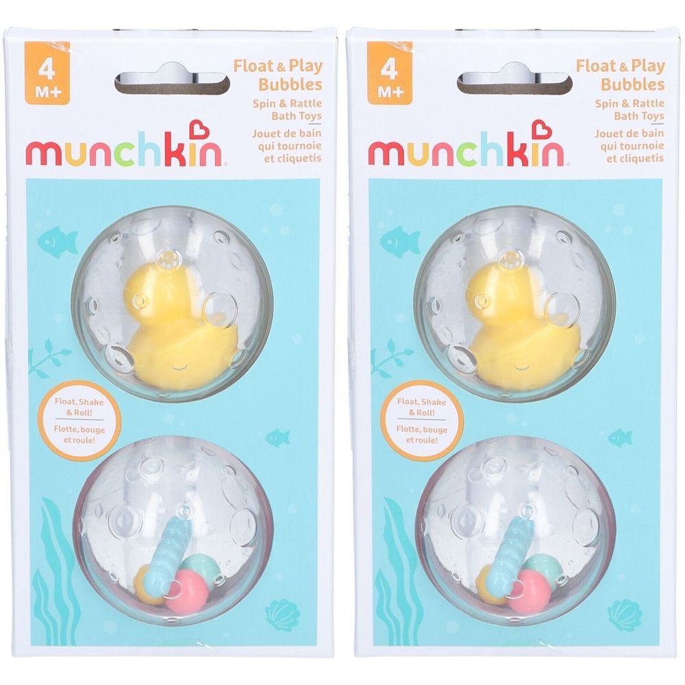 Emballage de jouets de bain. Canard jaune et hochets colorés dans des boules transparentes. Marque : munchkin.