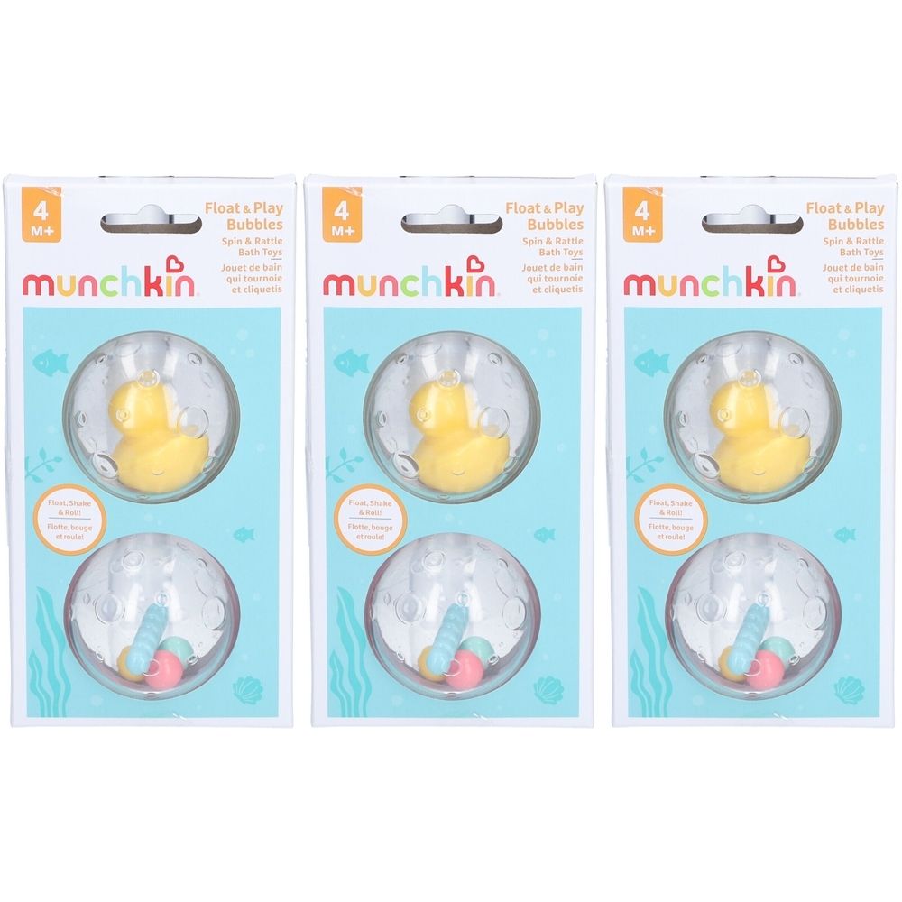 Trois emballages de bulles de bain. Chaque emballage contient deux jouets dans des boules transparentes. Canard jaune et pièces colorées visibles.