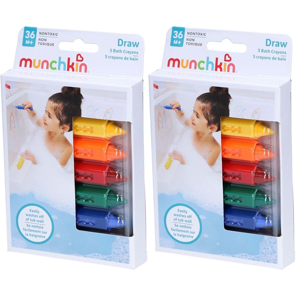 Deux boîtes de crayons de bain. Chaque boîte contient 5 crayons jaunes, oranges, rouges, verts et bleus. Marque : munchkin.