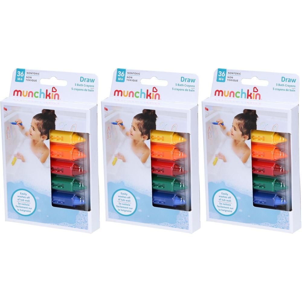 Drie pakken Munchkin badstiften, elk met 5 kleurpotloden in rood, oranje, geel, groen en blauw.