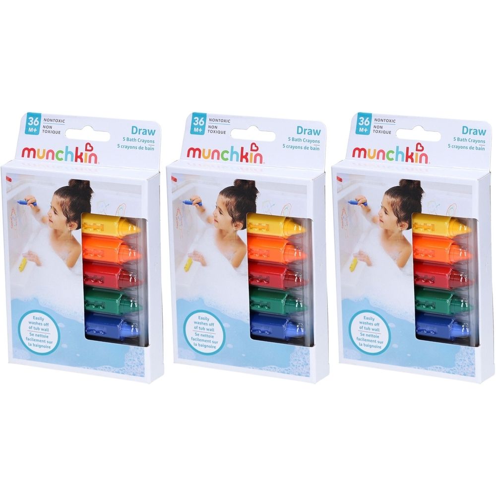 Drie pakken Munchkin badstiften, elk met 5 kleurpotloden in rood, oranje, geel, groen en blauw.