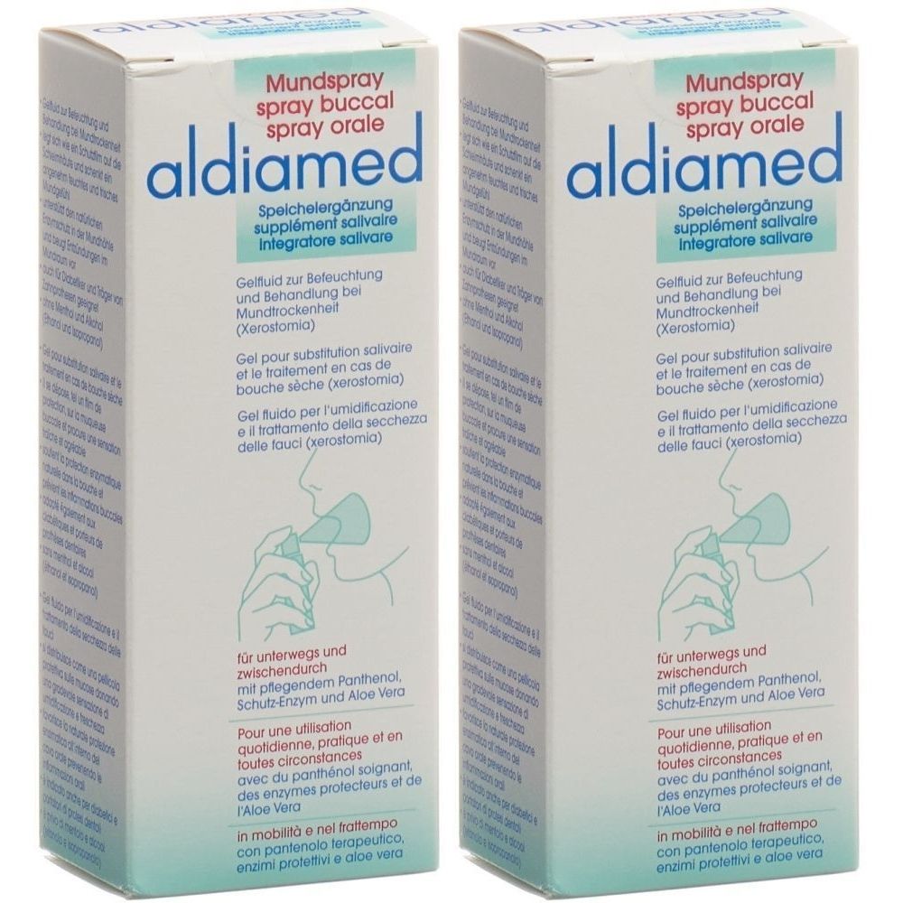 Twee witte dozen met productopdruk. Opschrift: aldiamed mondspray. Illustratie van een persoon die een spray in de mond spuit.