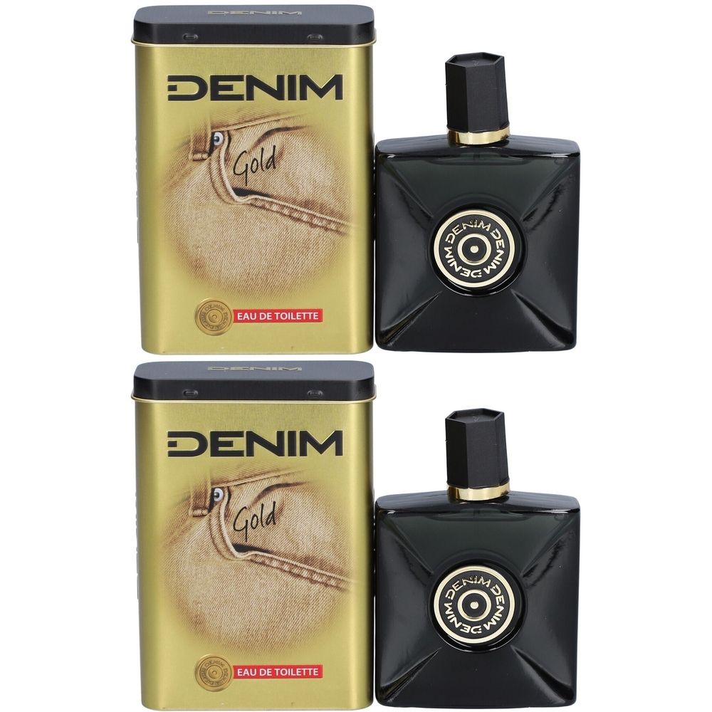 Deux flacons et deux boîtes. Flacon noir avec anneau doré. Boîte dorée avec impression. Texte : DENIM Gold, Eau de Toilette.