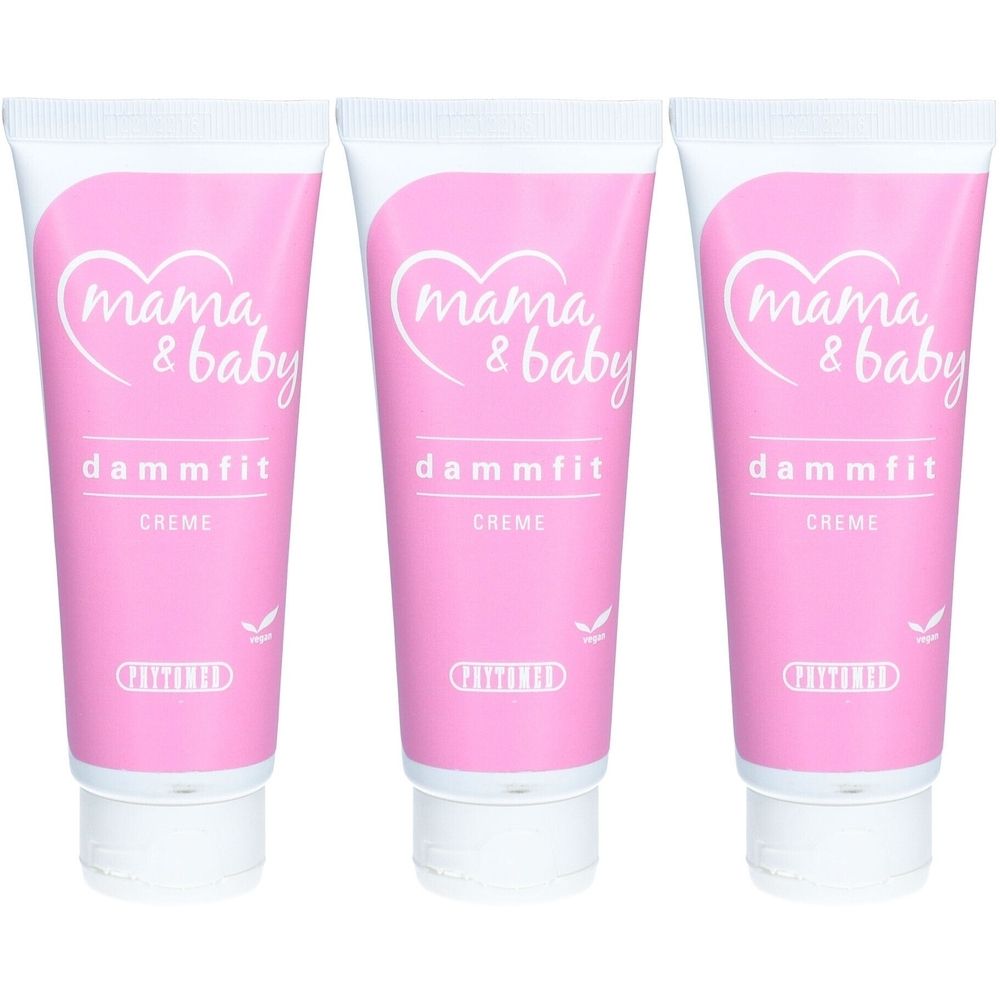 Trois tubes de crème rose. Chaque tube porte l'inscription "mama & baby", "dammfit" et "CREME".