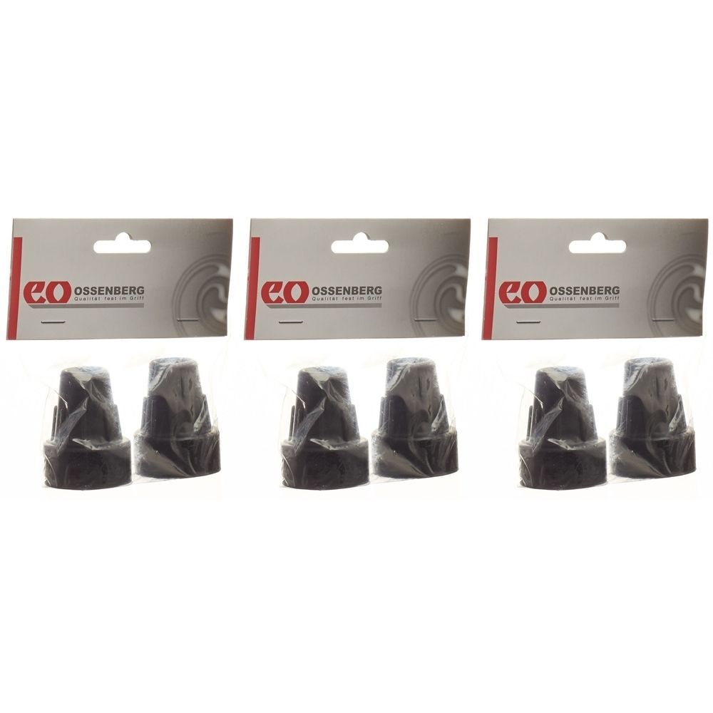 Drie verpakkingen met elk twee zwarte krukdoppen. Elke verpakking heeft het OSSENBERG-logo.