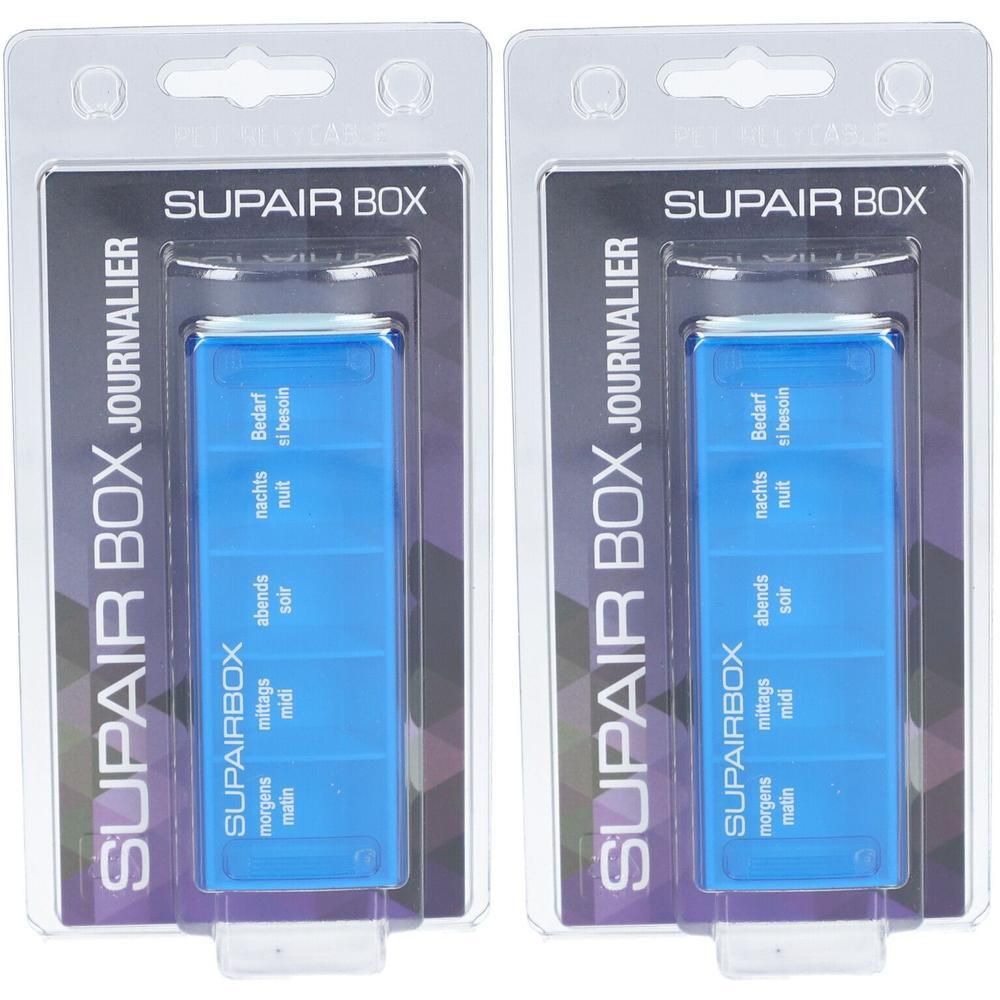 Twee blauwe SUPAIR BOX pillendoosjes met elk vier vakjes voor ochtend, middag, avond, nacht.