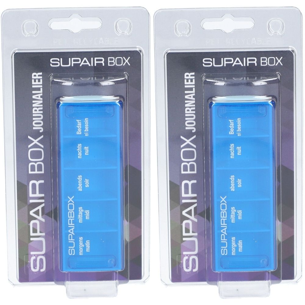 Deux piluliers bleus SUPAIR BOX, chacun avec quatre compartiments : matin, midi, soir, nuit.