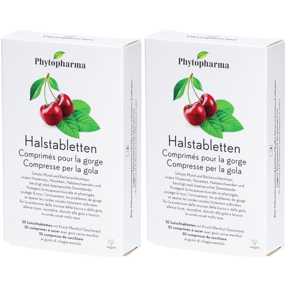 Twee witte dozen met keelpastilles kers-munt. Opschrift: Phytopharma, Halstabletten, 30 zuigtabletten.