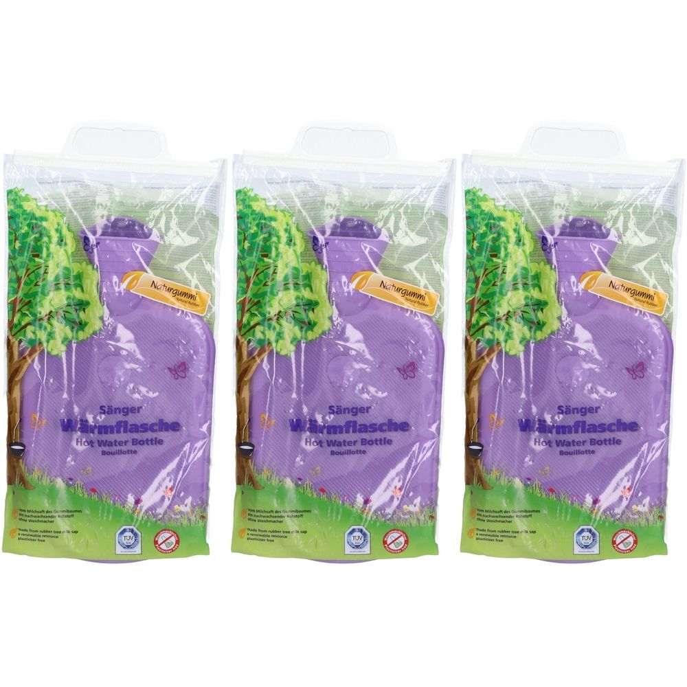 Trois bouillottes en emballage. Flacons violets avec lamelles, texte : Sänger Wärmflasche. Emballage avec motif paysage et certifications.