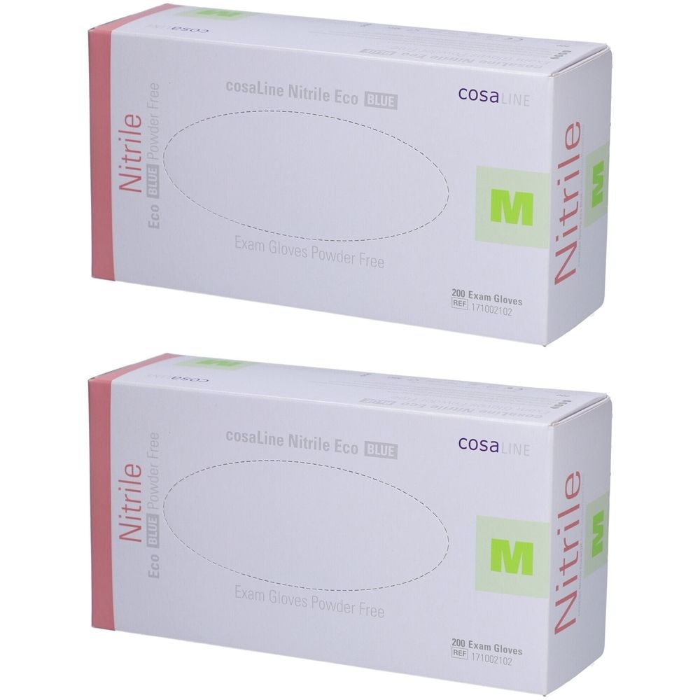Twee dozen cosaLine Nitrile Eco onderzoekshandschoenen. Opschrift: Nitrile, M, poedervrij. Verpakking met roze accenten.