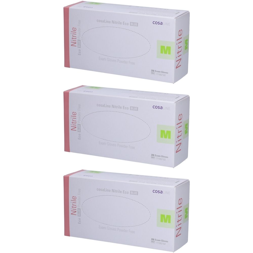 Drie dozen cosaLine Nitrile Eco blauw poedervrij, maat M. Opschriften: Nitrile, cosa, M, 200 stuks.