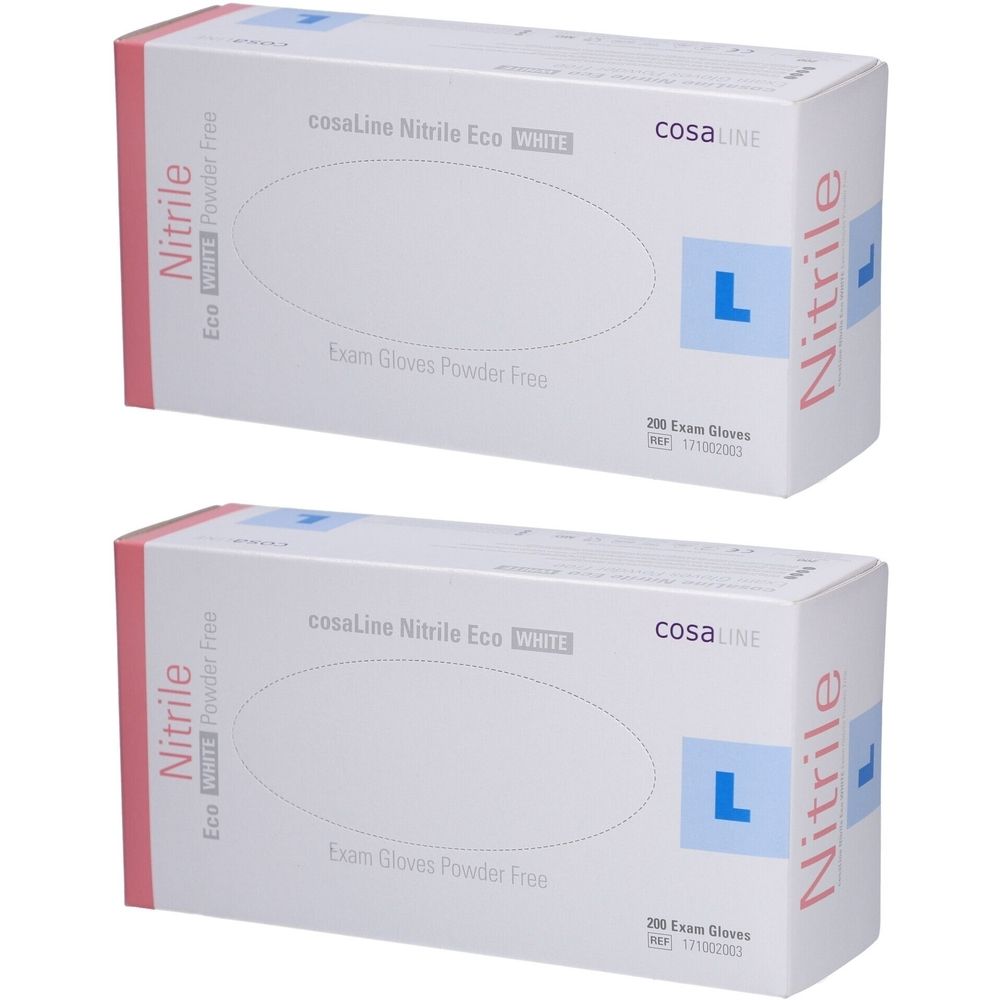 Deux boîtes de gants d'examen. Inscription : cosaLine Nitrile Eco White, L, 200 Exam Gloves, sans poudre.