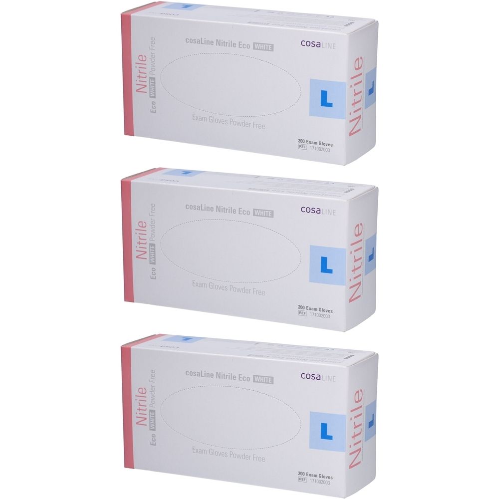 Trois boîtes de gants d'examen cosaLine® L Nitrile Eco sans poudre. Emballage blanc avec texte bleu et accents roses.