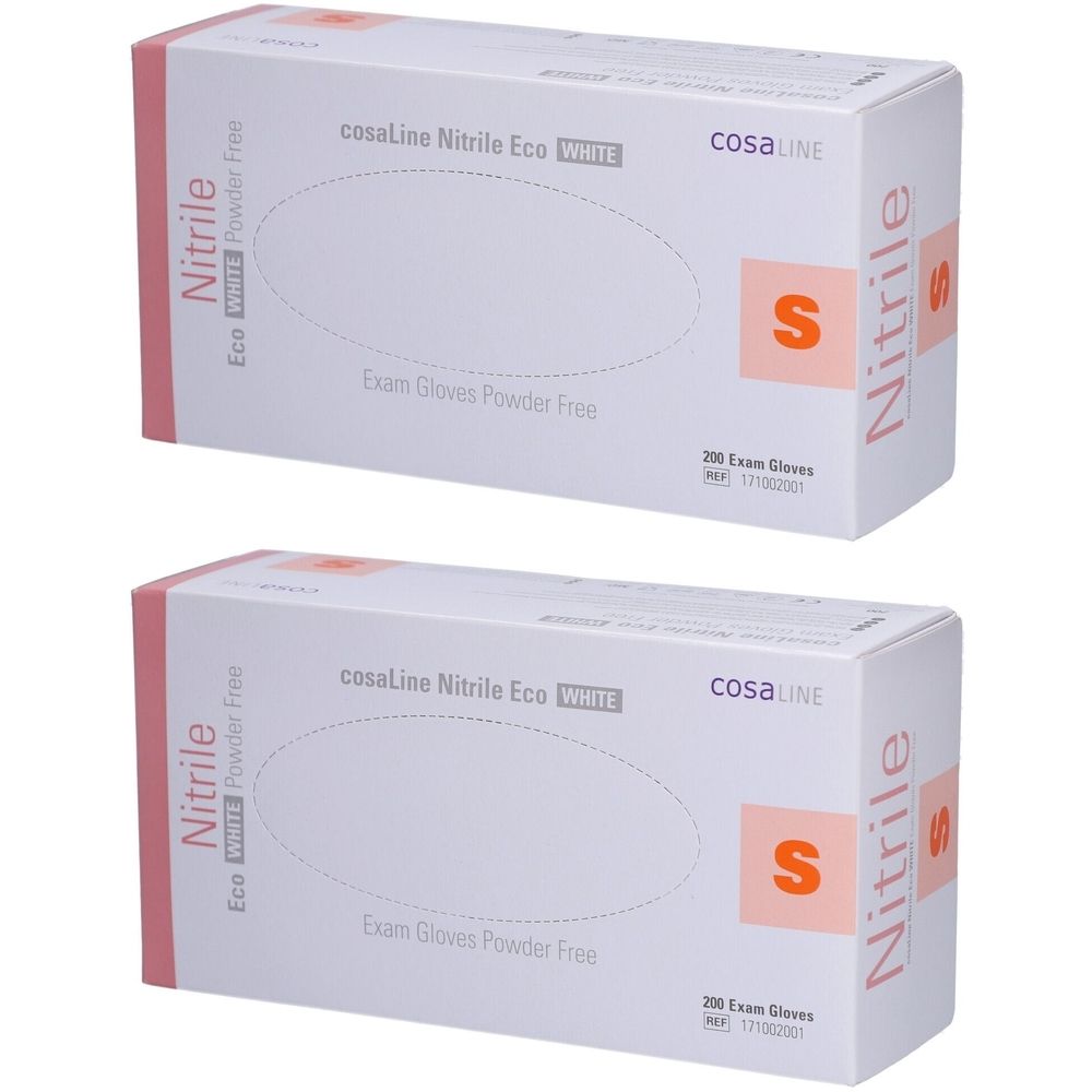 Twee dozen cosaLine Nitrile Eco onderzoekshandschoenen. Witte verpakking met roze accenten. Opschrift: Nitrile, maat S, poedervrij.