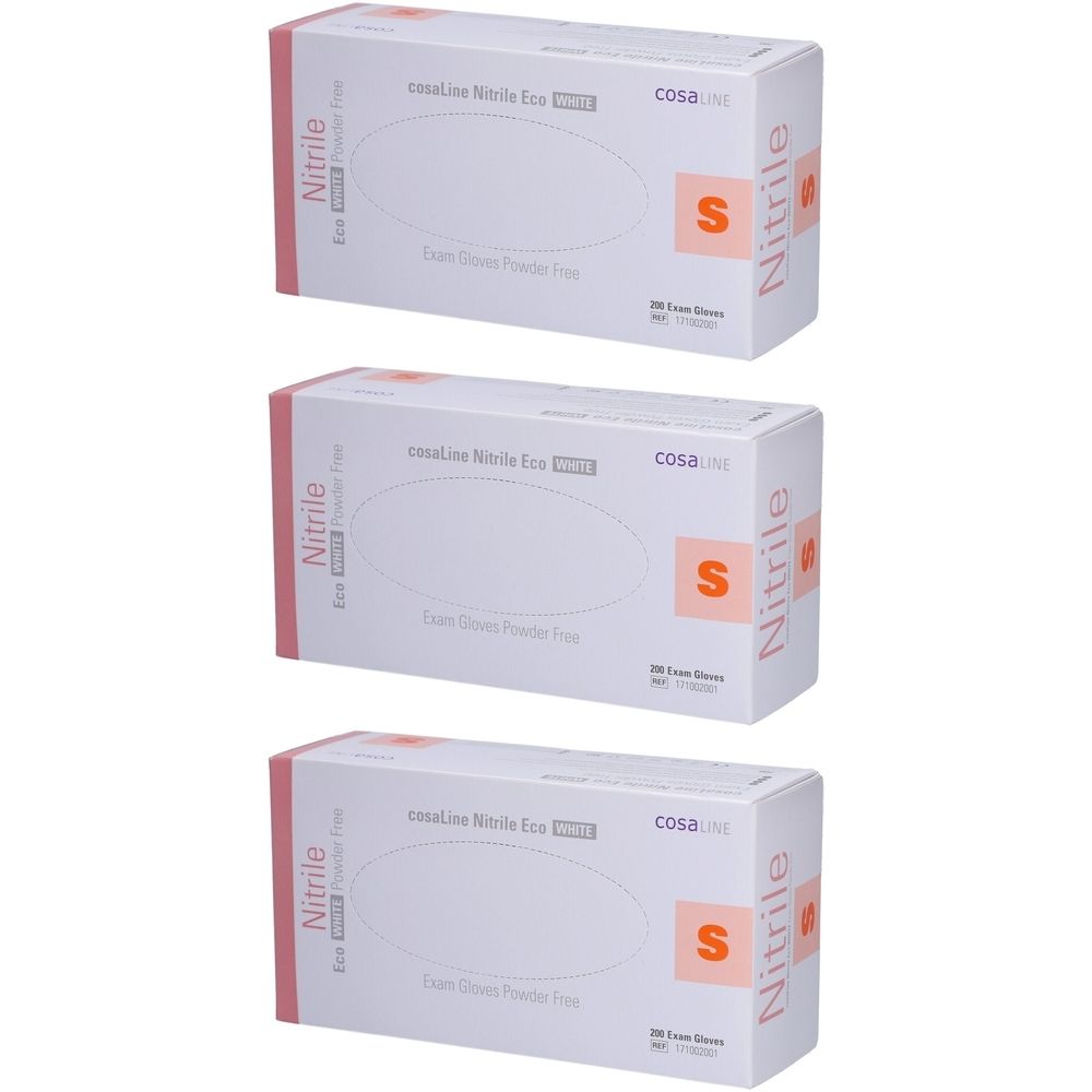 Drie dozen cosaLine Nitrile Eco onderzoekshandschoenen, maat S, poedervrij. Witte verpakking met roze accenten.