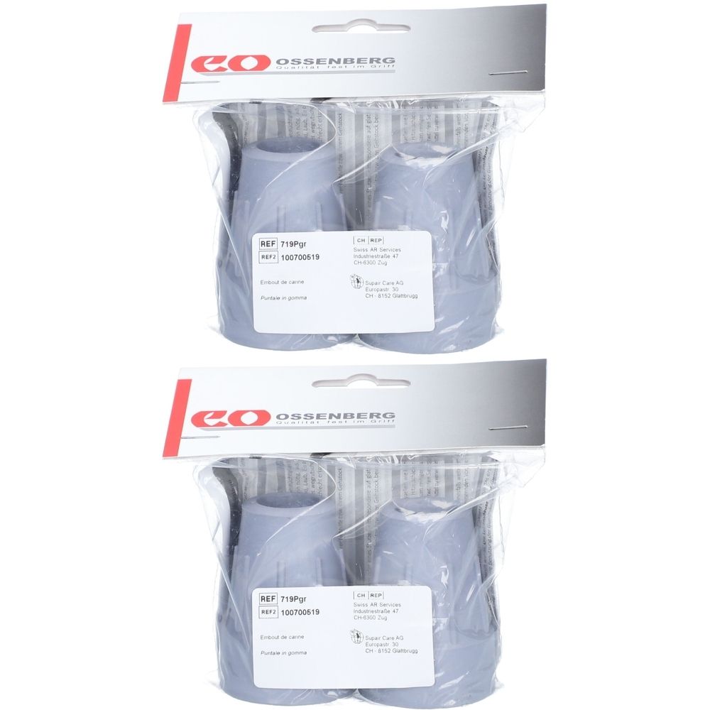 Deux paquets de deux embouts de béquille gris OSSENBERG. L'emballage affiche le logo et les informations sur le produit.