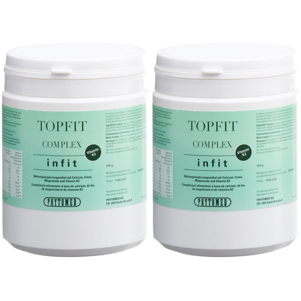 Twee potten PHYTOMED Topfit-Komplex met Vitamine K2. Witte containers met groene etiketten.