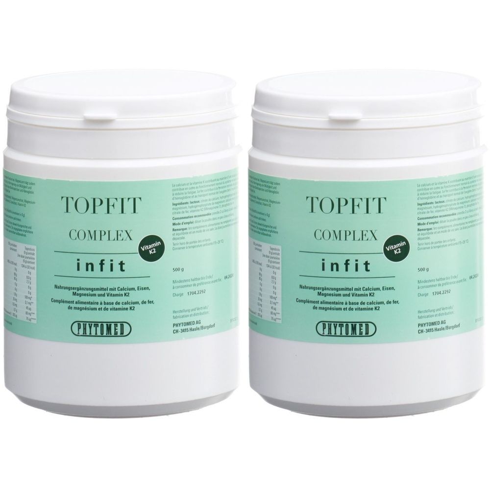 Twee potten PHYTOMED Topfit-Komplex met Vitamine K2. Witte containers met groene etiketten.