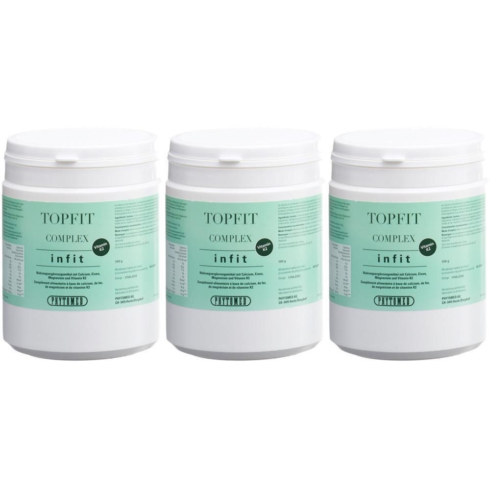 Drie witte containers met "TOPFIT COMPLEX infit" etiket. Bevat vitamine K2.