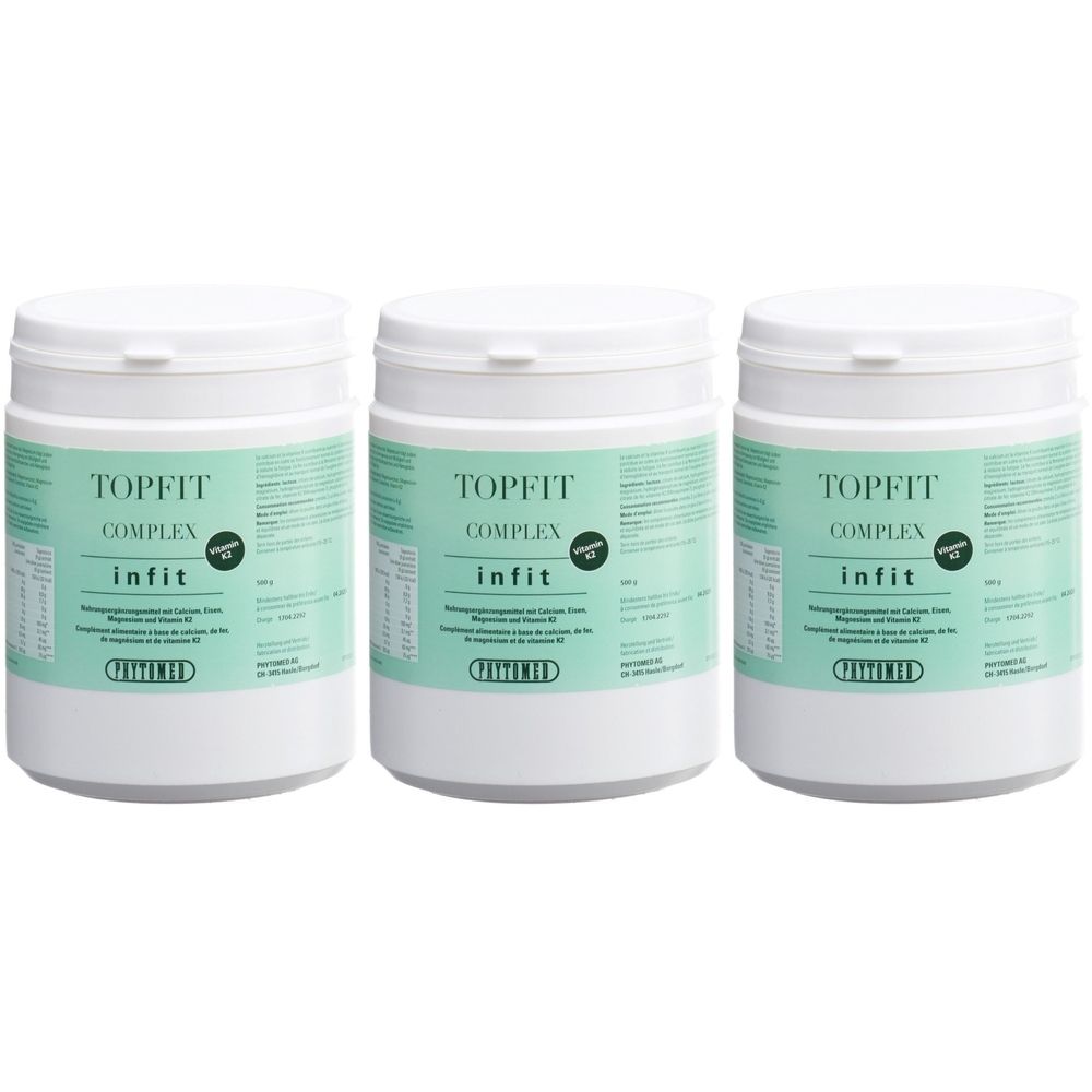 Drie witte containers met "TOPFIT COMPLEX infit" etiket. Bevat vitamine K2.