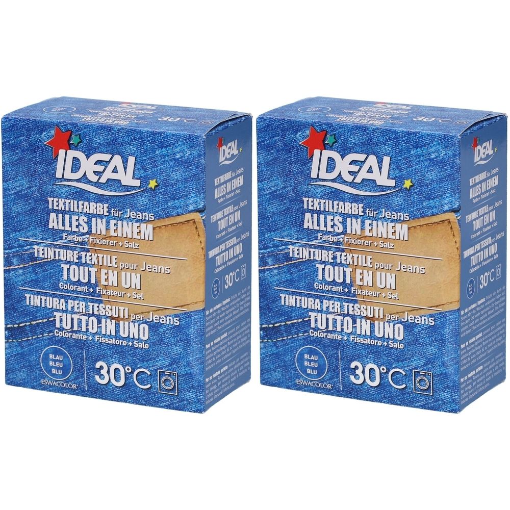 Deux boîtes bleues avec informations produit. Inscription: IDEAL, teinture textile pour jeans, tout en un. Texte en allemand, français et italien.