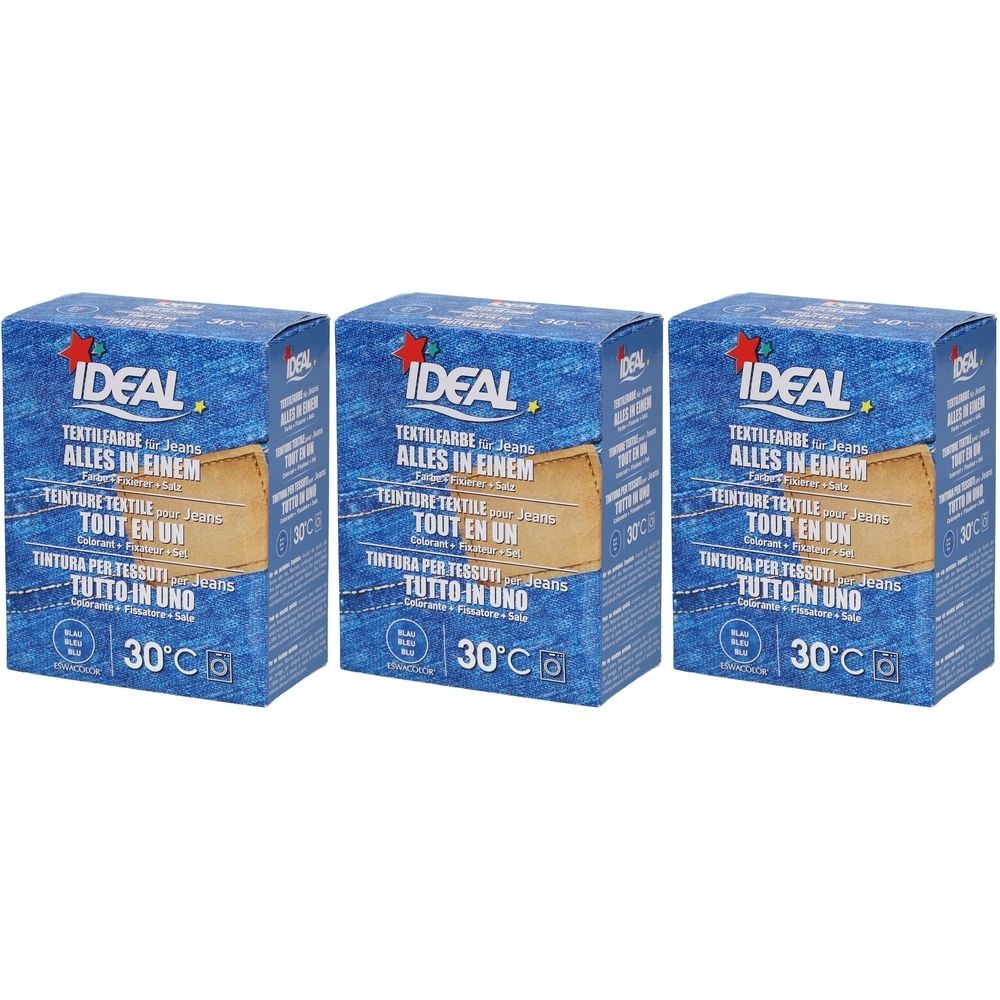 Trois boîtes bleues IDEAL Textilfarbe pour jeans. Inscriptions multilingues, indication de température 30°C.
