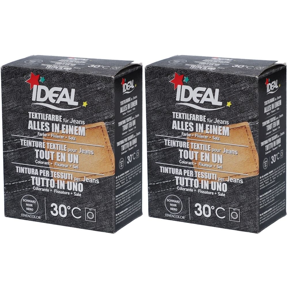 Deux boîtes de teinture textile Ideal pour jeans. Couleur noire. Inscription : Tout en un. Indication de température 30°C.