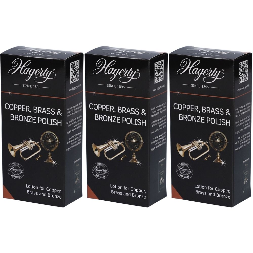 Trois boîtes de Hagerty® Pflegecreme. Emballage noir avec nom du produit et illustrations d'instruments.