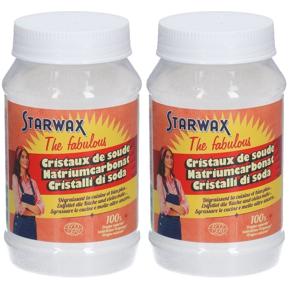 Twee witte plastic potten met schroefdeksels. Labels met STARWAX-logo en productnamen in meerdere talen.