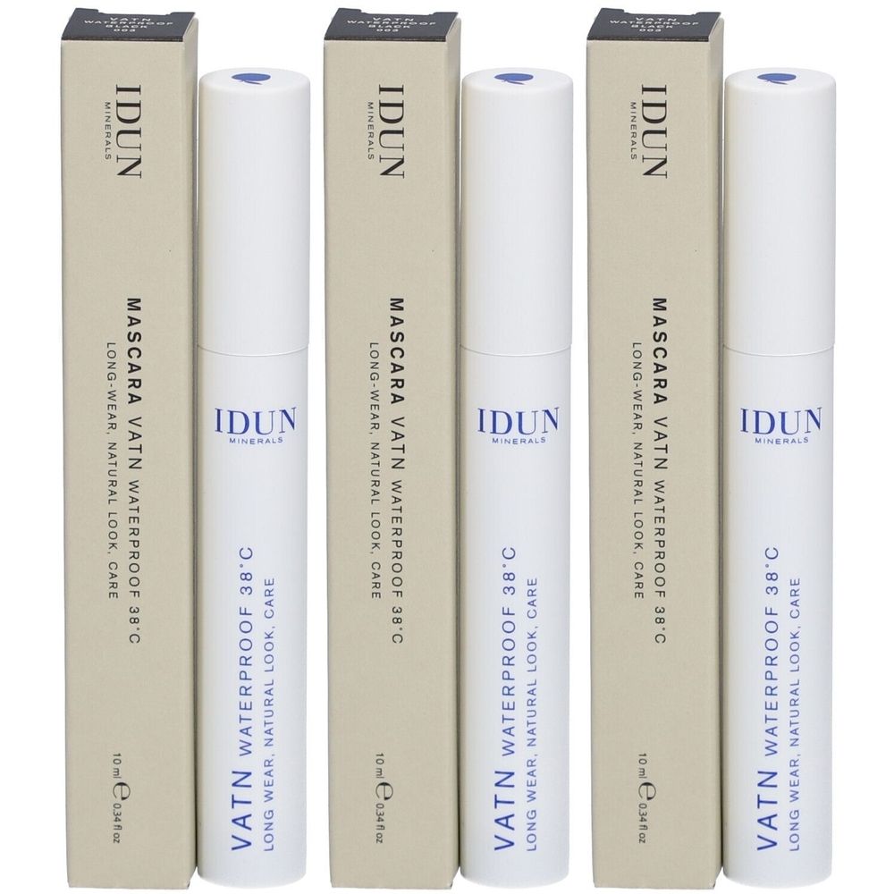 Drie mascaratubes en verpakkingen. Op de verpakkingen: IDUN Minerals, Mascara VATN Waterproof 38°C. Op de tubes: IDUN Minerals.