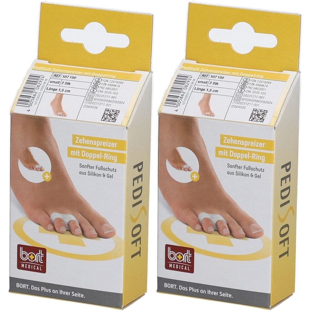 Twee PediSoft-verpakkingen. Opdruk: teenspreider met dubbele ring, zachte voetbescherming van siliconen & gel. Merk: bort MEDICAL.