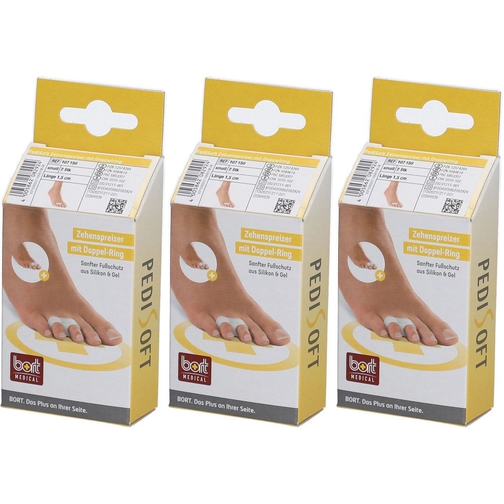 Drie productverpakkingen. Op elke verpakking is een teenspreider met dubbele ring afgebeeld. Bedrukking: PediSoft, BORT MEDICAL.