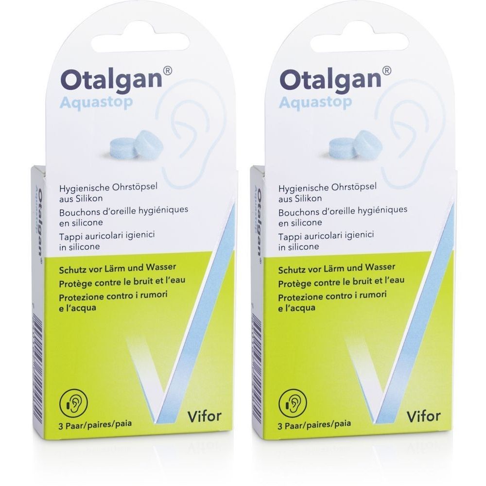 Deux boîtes d'Otalgan Aquastop. Bouchons d'oreille hygiéniques en silicone. Protection contre le bruit et l'eau. 3 paires.