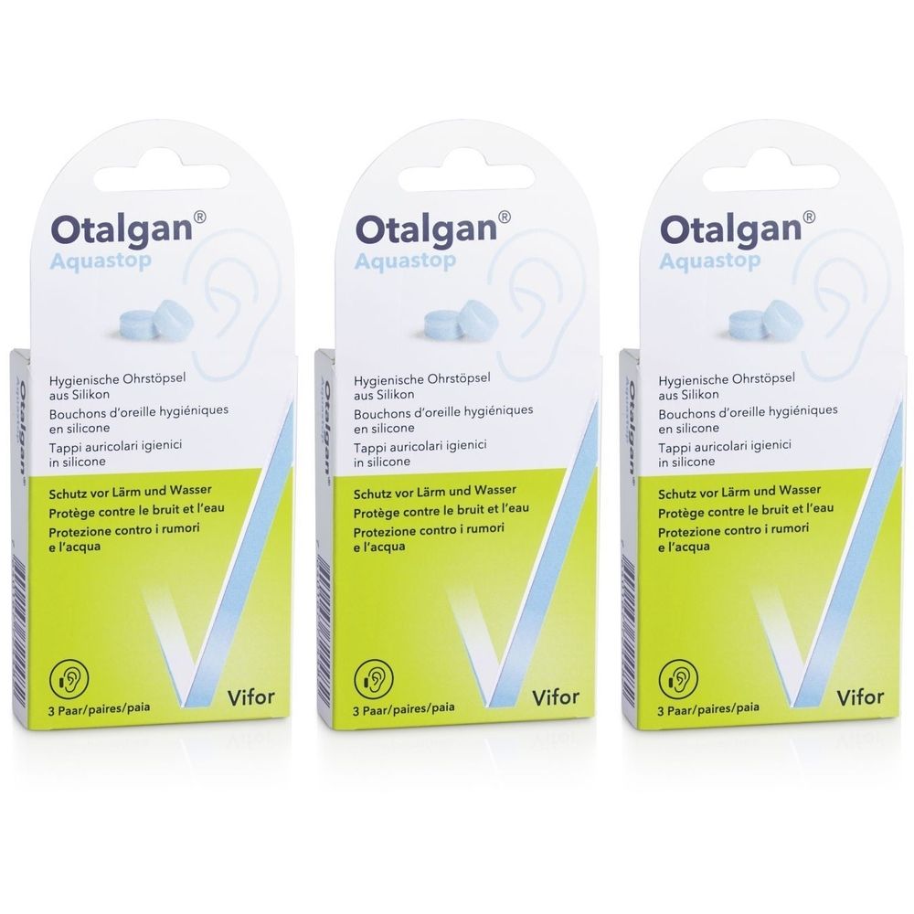 Drie verpakkingen OTALGAN® Aquastop. Elke verpakking bevat oordopjes. Bescherming tegen lawaai en water.