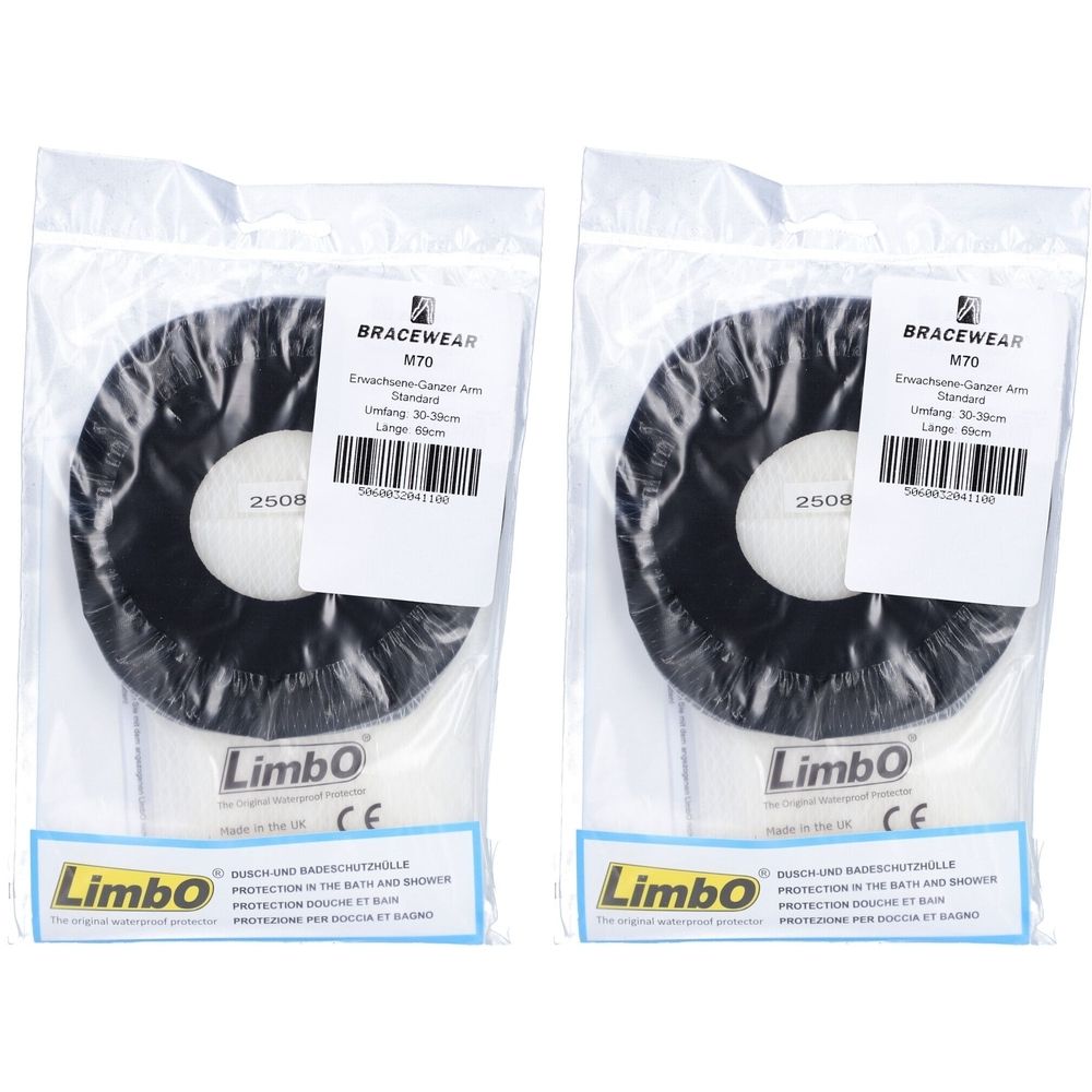 Twee LIMBO armbeschermers in plastic verpakking. Zwarte, ronde vorm met witte binnenkant. CE-markering.