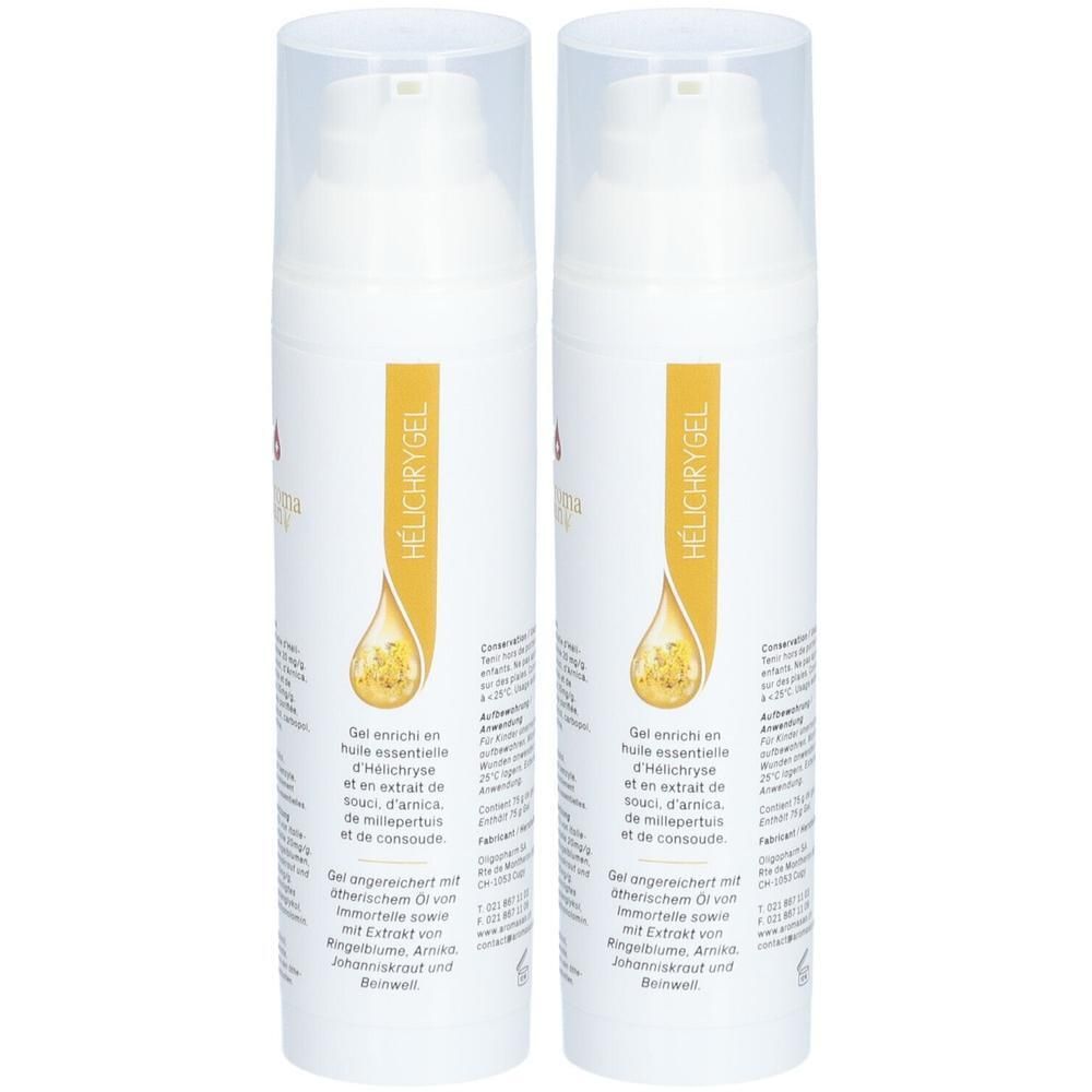 Twee witte flessen met pomp. Op elke fles een geel etiket met productnaam en ingrediënten.