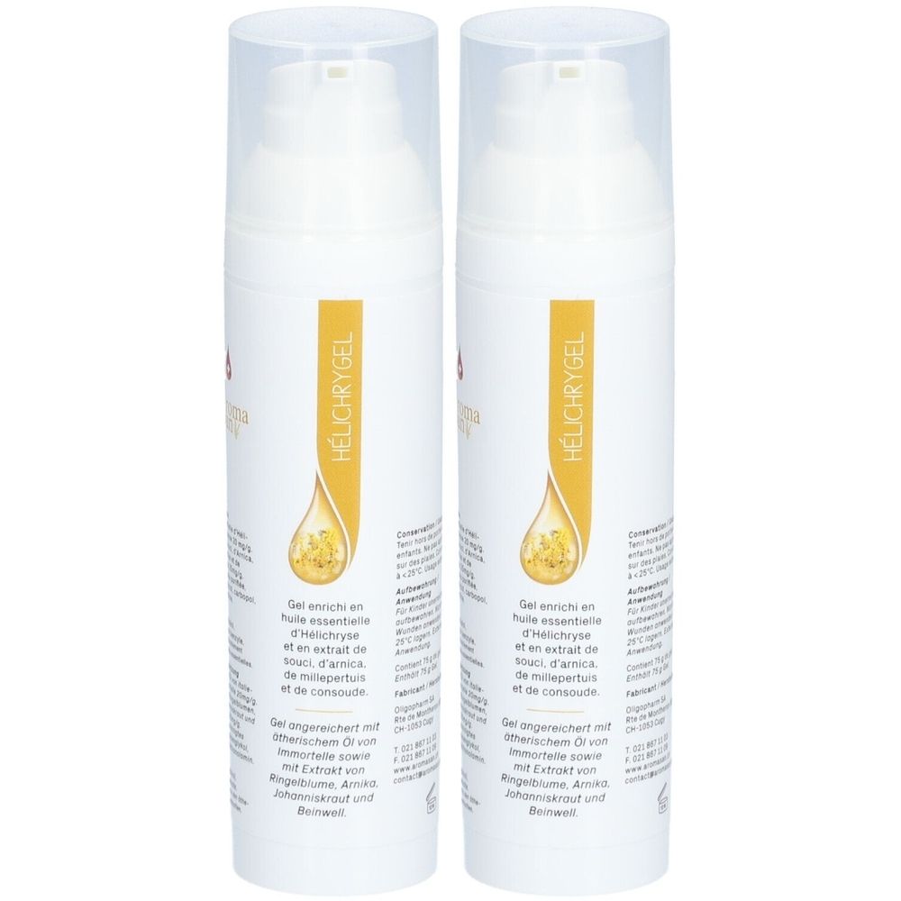 Twee witte flessen met pomp. Op elke fles een geel etiket met productnaam en ingrediënten.