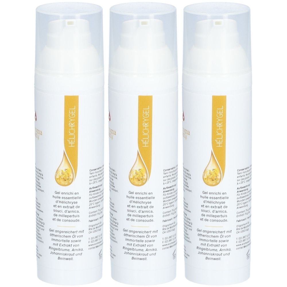 Drie witte flessen met transparante dop en geel etiket. Opschrift: Hélichrygel. Gel met essentiële olie en plantenextracten.