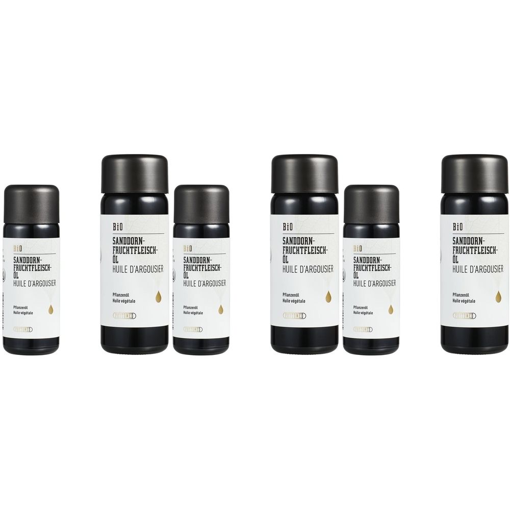 Cinq flacons avec bouchons noirs et étiquettes. Inscription: BIO Huile de pulpe d'argousier. Petite illustration de goutte dorée.