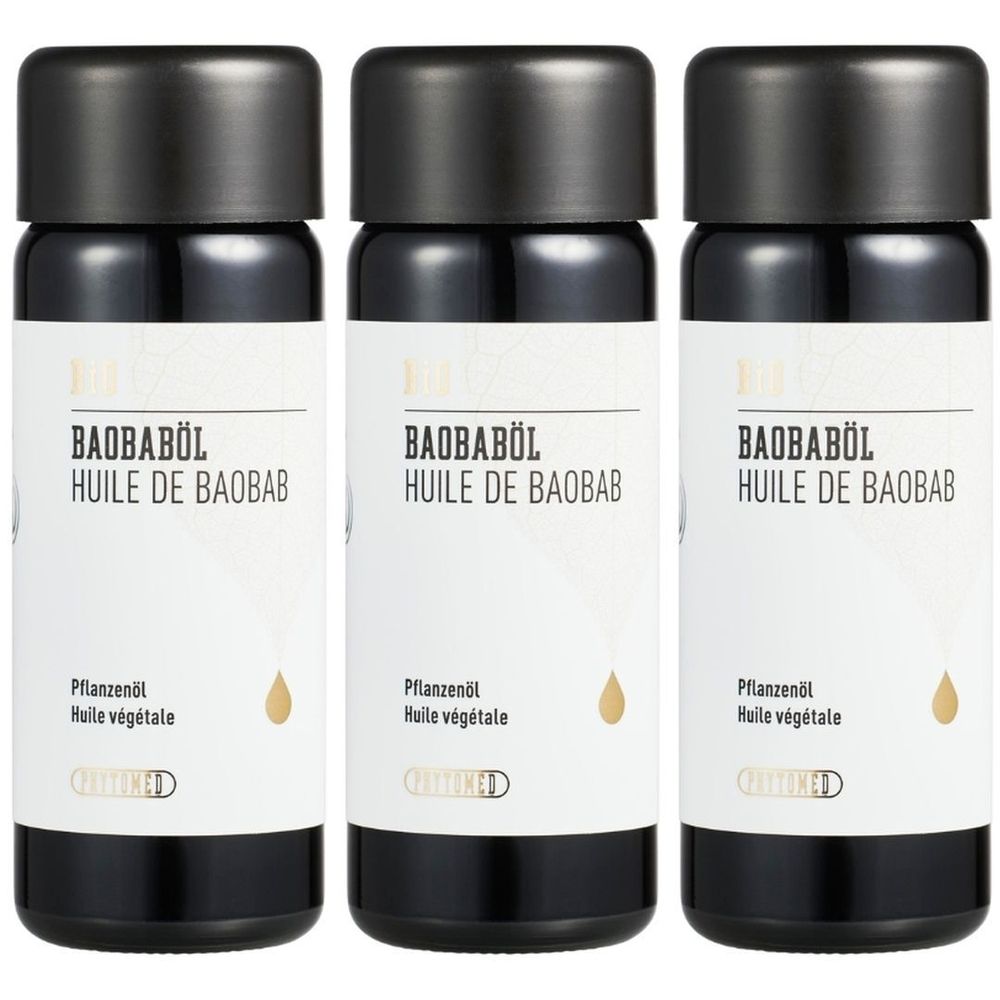 Trois flacons avec bouchons noirs. Inscription: BAOBABÖL, HUILE DE BAOBAB, Pflanzenöl, Huile végétale. Logo de certification.