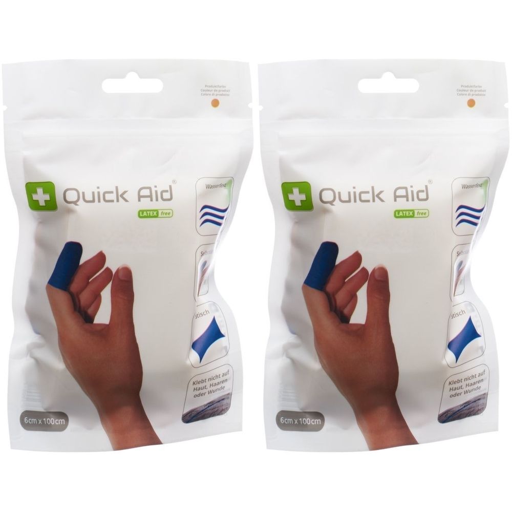 Twee witte zakjes met QUICK AID pleisters. Opdruk: logo, tekst, blauwe vingerlingen. Afmeting: 6 x 100 cm. Handen met vingerlingen.