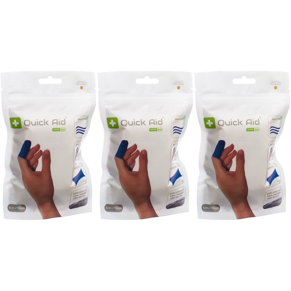 Trois paquets de pansements sans latex QUICK AID. Chaque paquet montre une main avec un pansement bleu. Design d'emballage blanc avec logo.