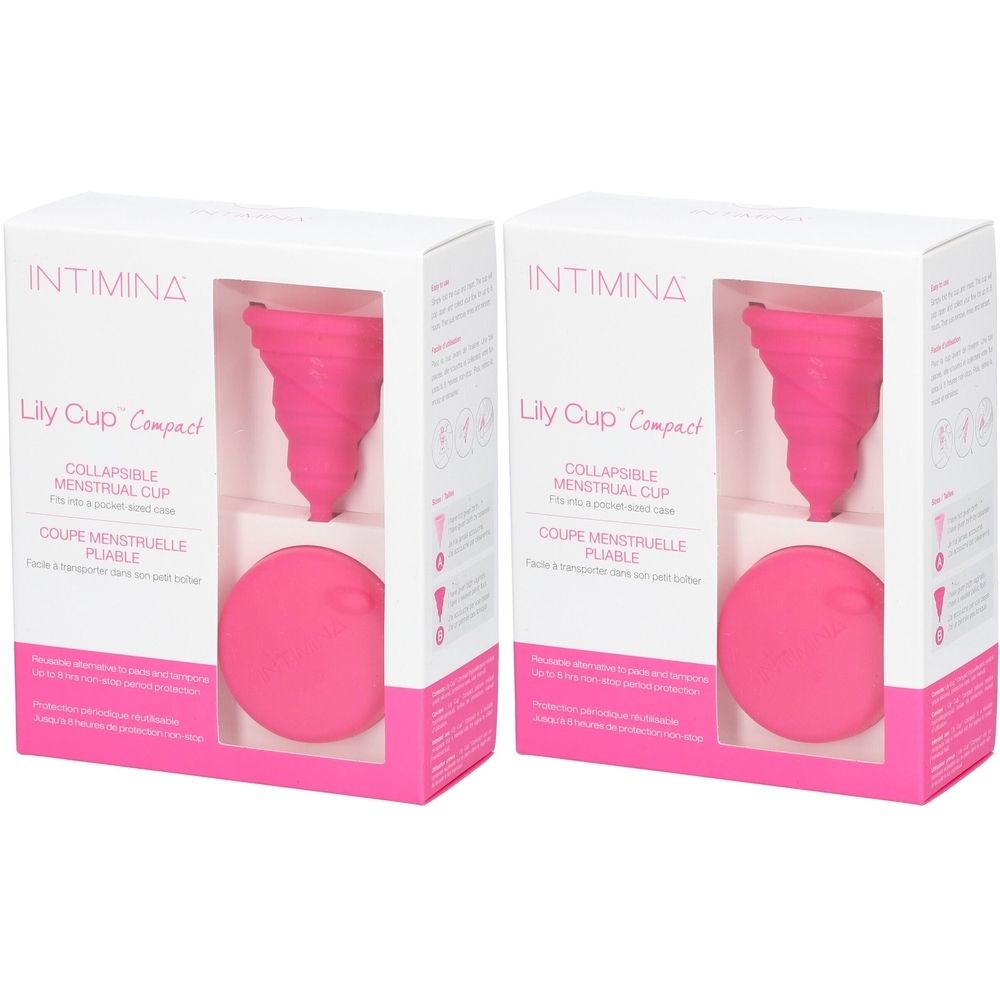 Twee verpakkingen menstruatiecups. Elke verpakking bevat een roze, opvouwbare menstruatiecup en een ronde opberghoes.