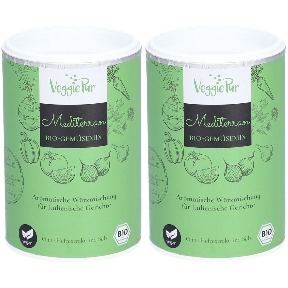 Deux boîtes de VEGGIEPUR Gemüse-Mix MEDITERRAN. Boîtes vertes avec couvercles blancs. Inscription: Mediterran, BIO-GEMÜSEMIX, vegan, label BIO.