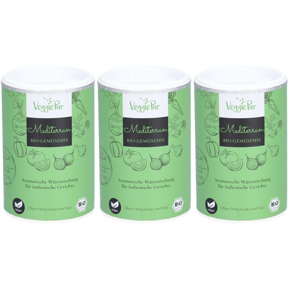 Trois boîtes de mélange de légumes bio Veggie Pur Méditerranée avec illustrations de légumes et label bio.