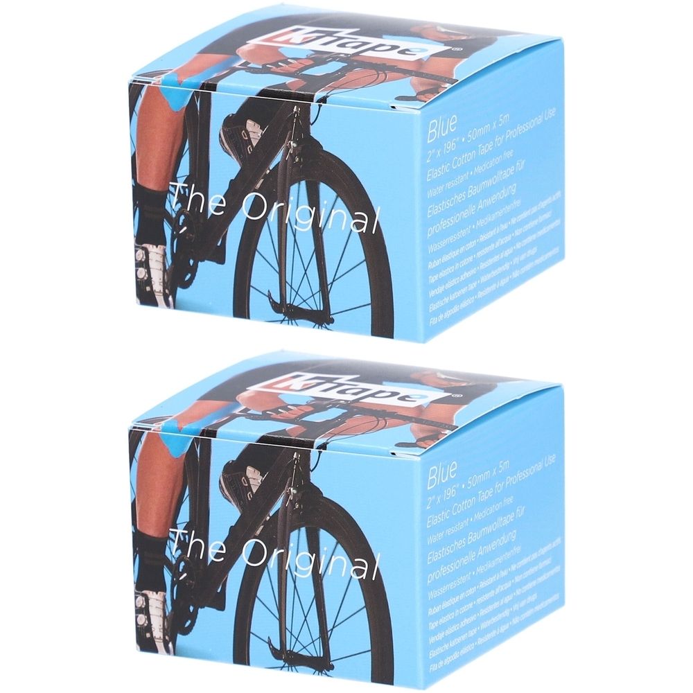 Deux boîtes bleues. Illustration de vélo, texte K-Tape. Inscription: Blue, 2" x 5m. Contenu: bande élastique.