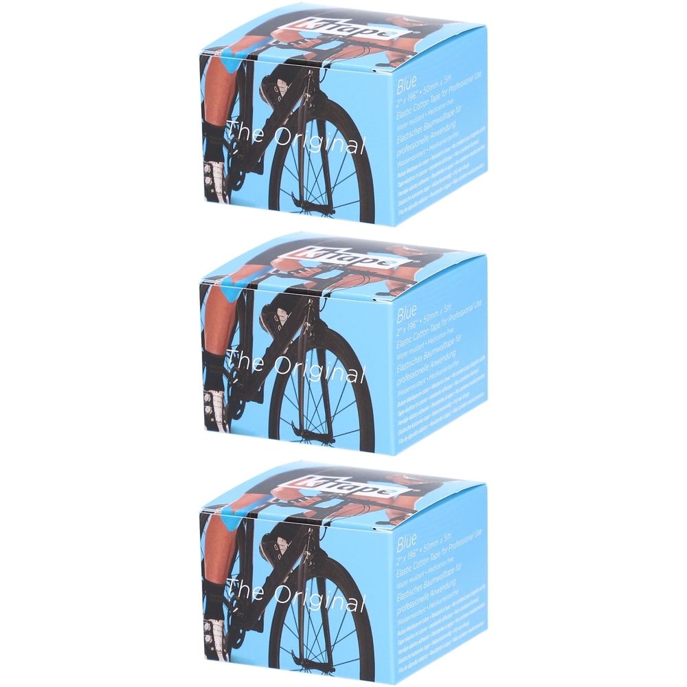Drie blauwe dozen. Opdruk: K-TAPE, fietsillustratie, tekst. Opschrift: Blauw, 5cm x 5m. Elastisch verband.