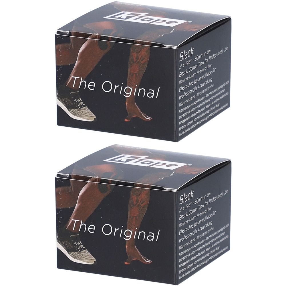 Deux boîtes noires. Inscription: K-TAPE, The Original. Texte: Elastic Cotton Tape for Professional Use.