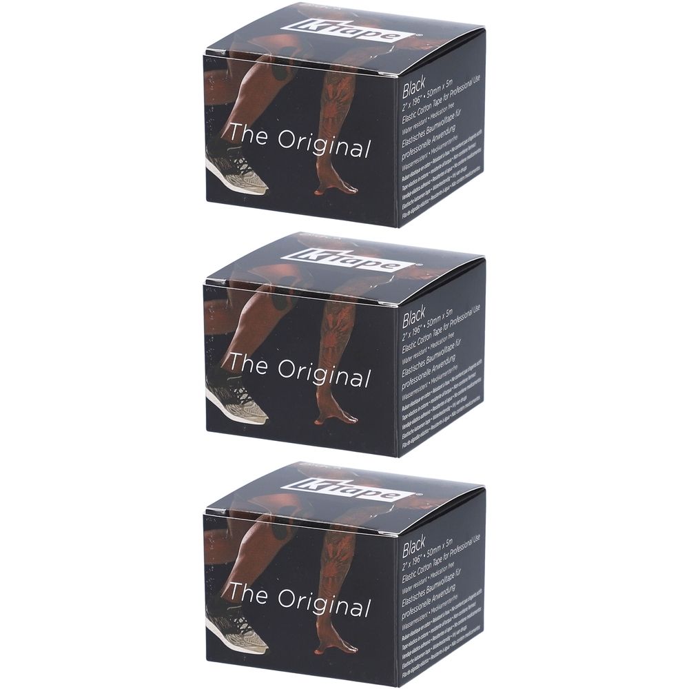 Trois boîtes noires K-TAPE. Logo et texte "The Original". Inscription "Black" et informations produit.